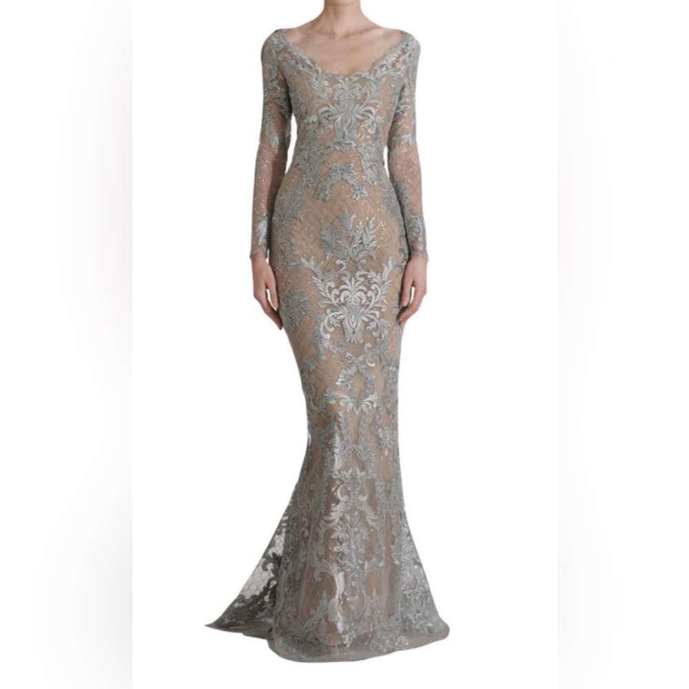 Sophisticated Gray Lace Long Sleeve Gown